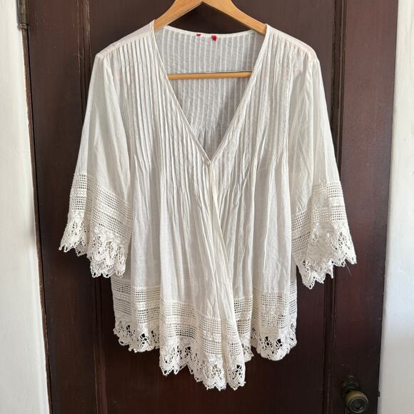 Boho White Cotton Pintuck Lace Trim Flyaway Wide Sleeve Blouse | Extra Large - Picture 1 of 5